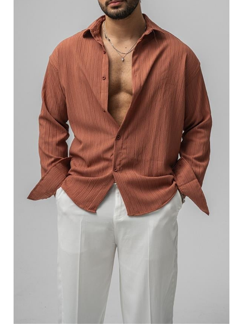 Kahverengi Erkek Kiremit  Oversize Gömlek-2