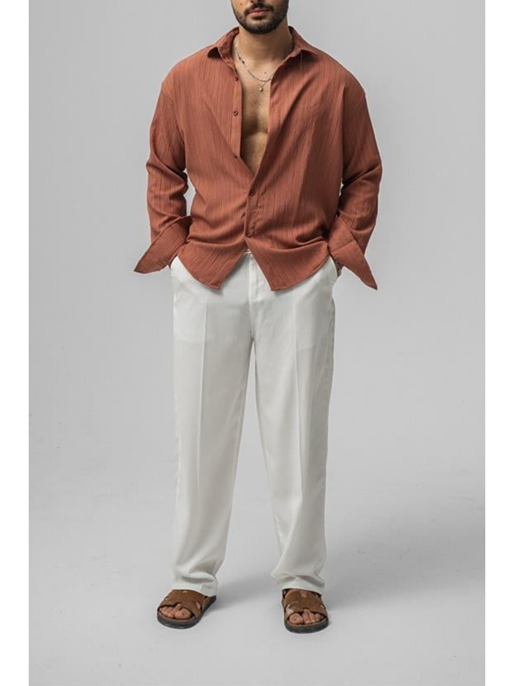 Kahverengi Erkek Kiremit  Oversize Gömlek-3
