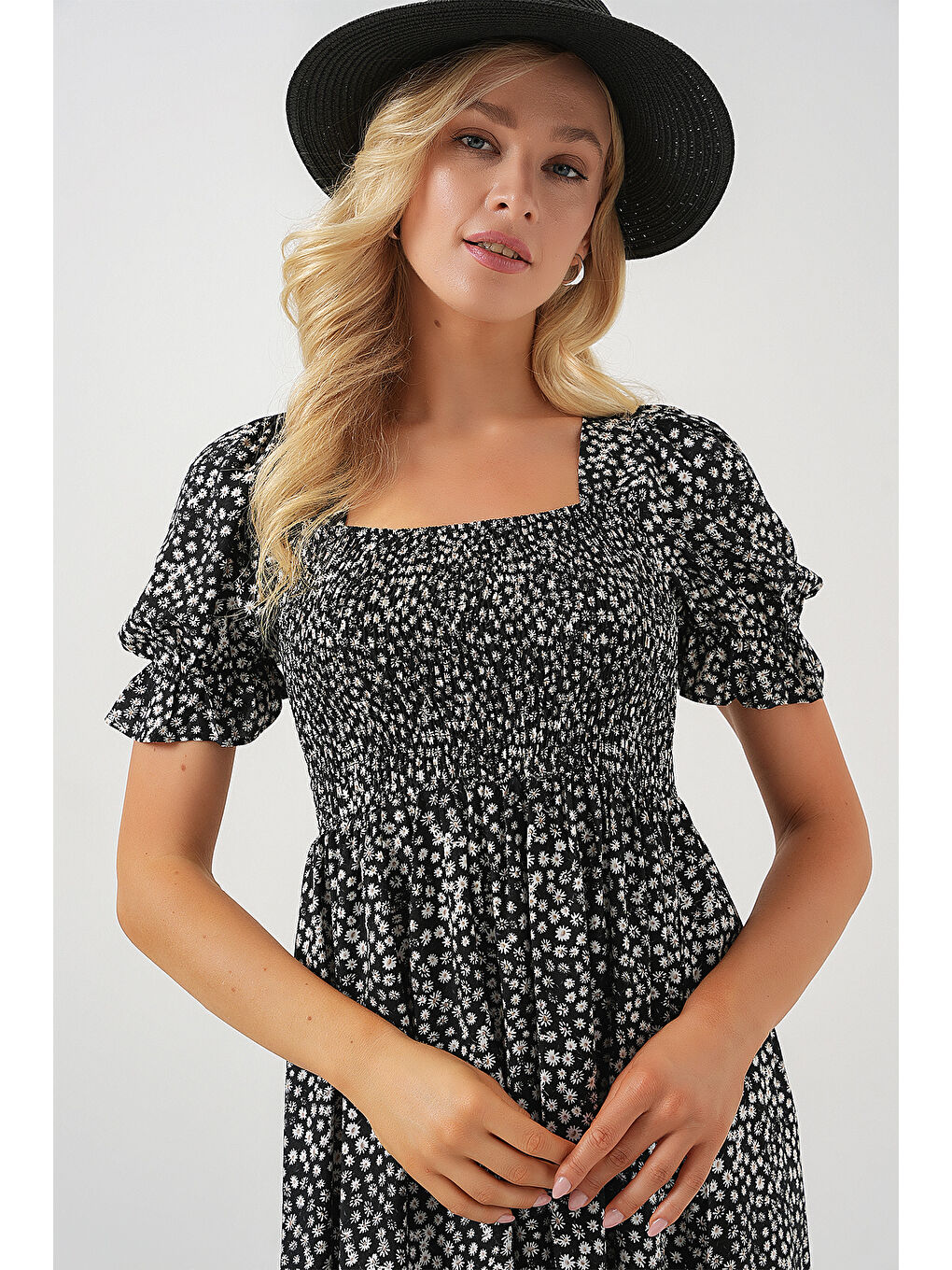 Kadın Kısa Kol Çiçekli Elbise 2556 - Siyah-5