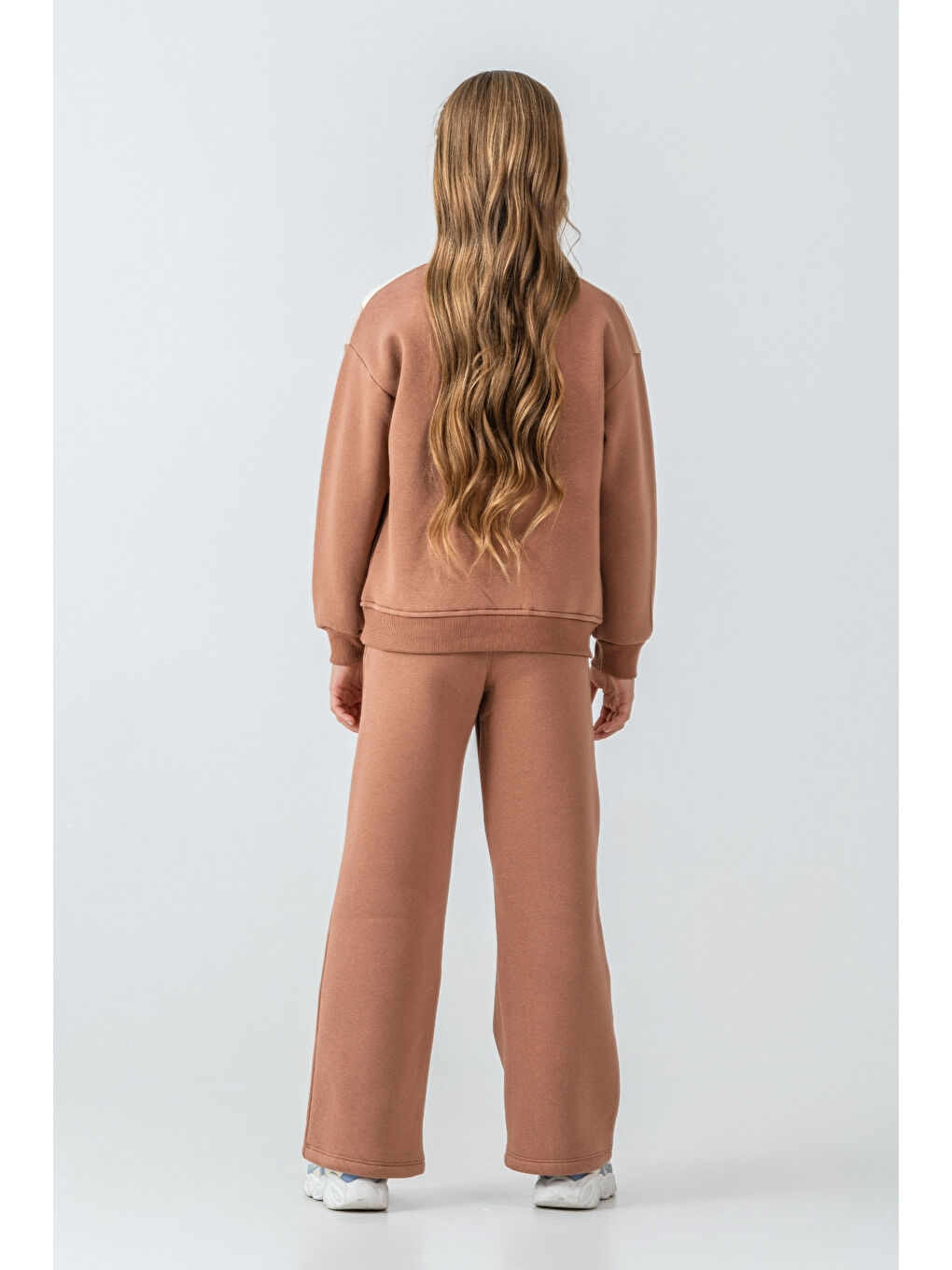 Kahverengi Kız Çocuk Kelebek Detaylı Yarım Fermuarlı 3 İplik Kalın Kışlık Eşofman Takımı Ak4233-3