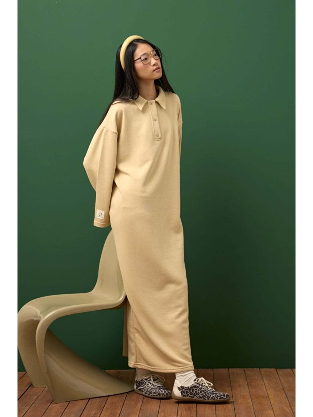 Bej 3 İplik Yakalı Elbise-2