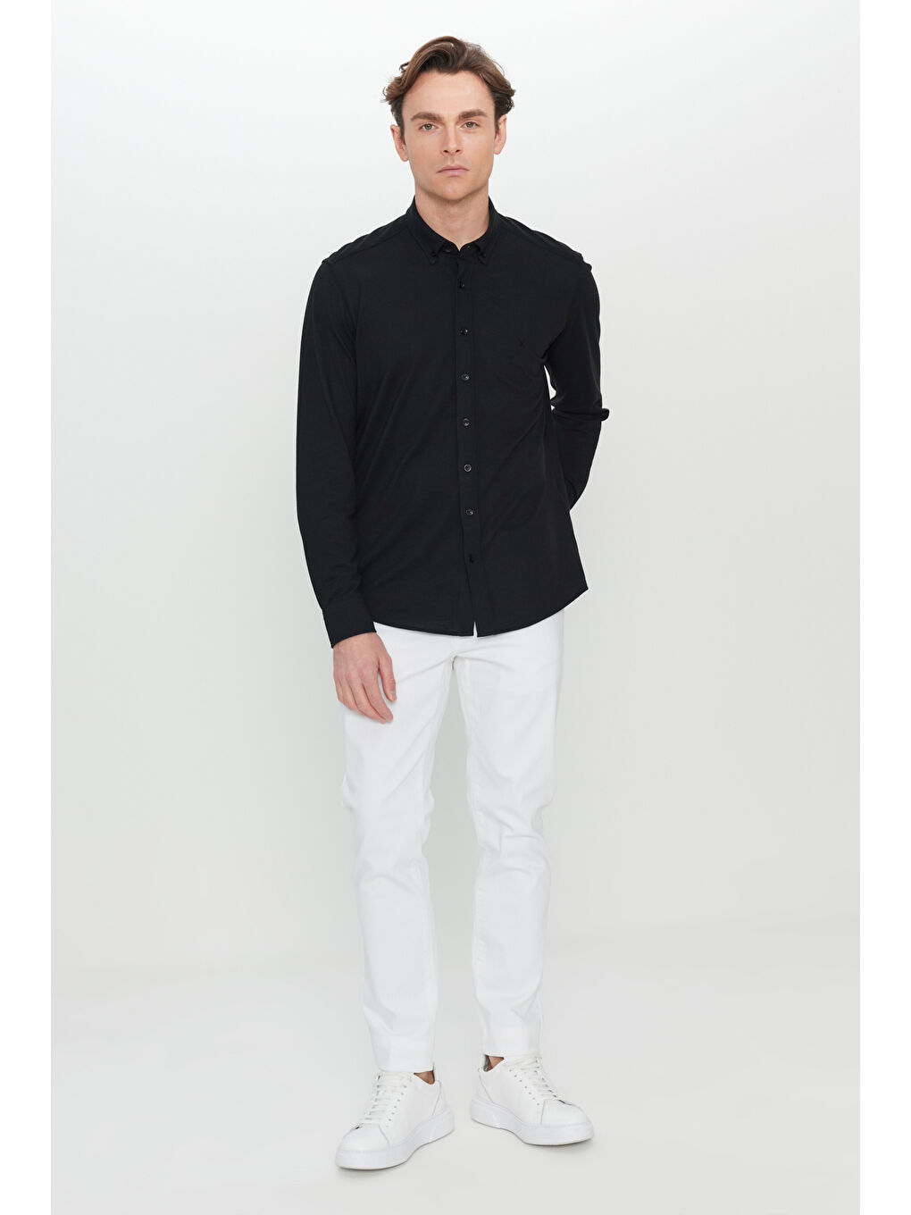 Erkek Siyah 360 Her Yöne Esneyen Pamuklu Slim Fit Dar Kesim Düğmeli Yaka Örme Gömlek-1