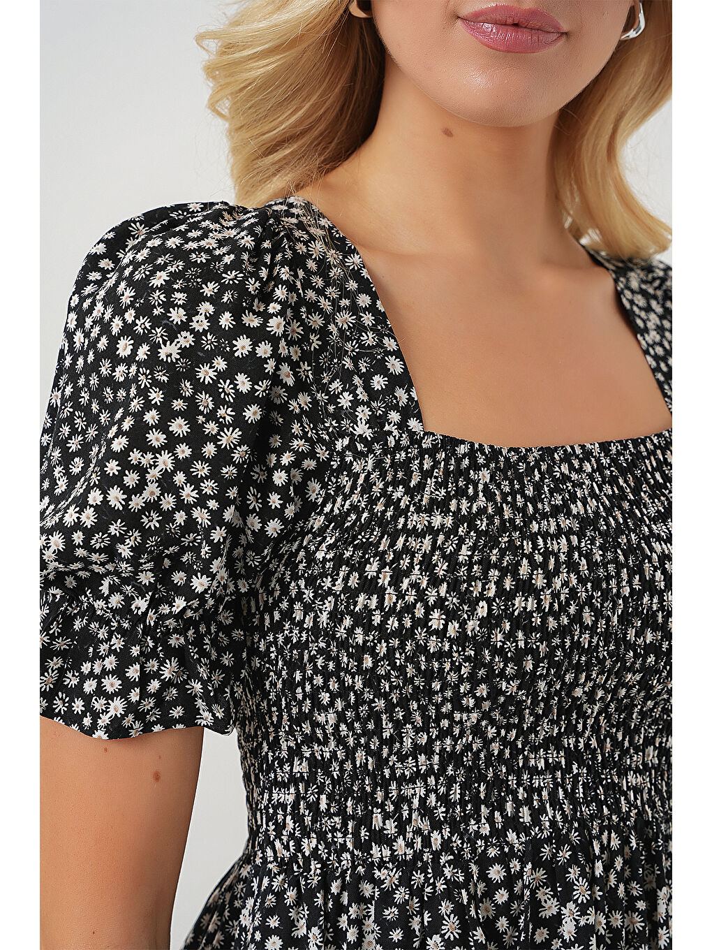 Kadın Kısa Kol Çiçekli Elbise 2556 - Siyah-6