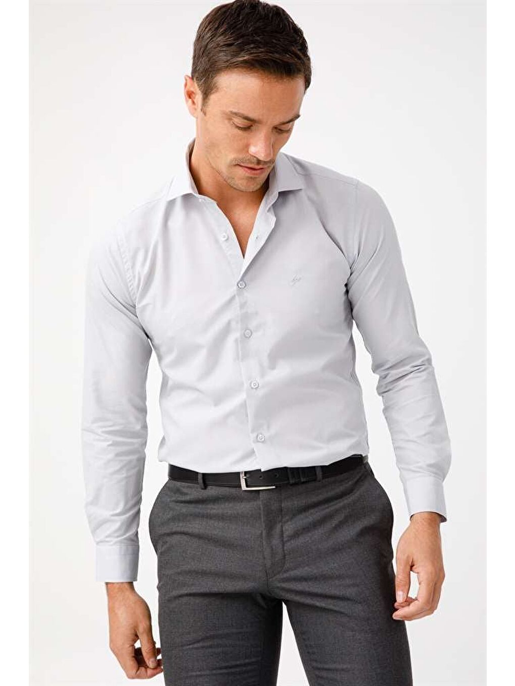 Açık Gri Slim Fit Dar Kalıp Klasik Yaka Düz Uzun Kollu Cepsiz Kolay Ütülenir Gömlek-3
