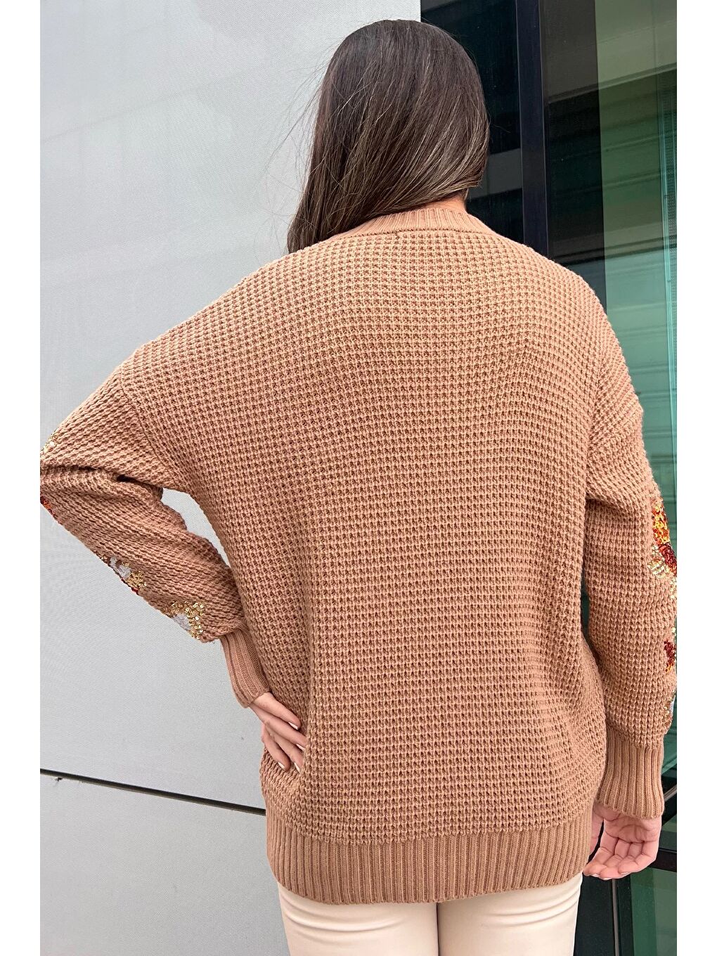 Bej Bisiklet Yaka Pul İşlemeli Kadın Örme Triko Kazak (s-m-l Beden Uyumludur)-2