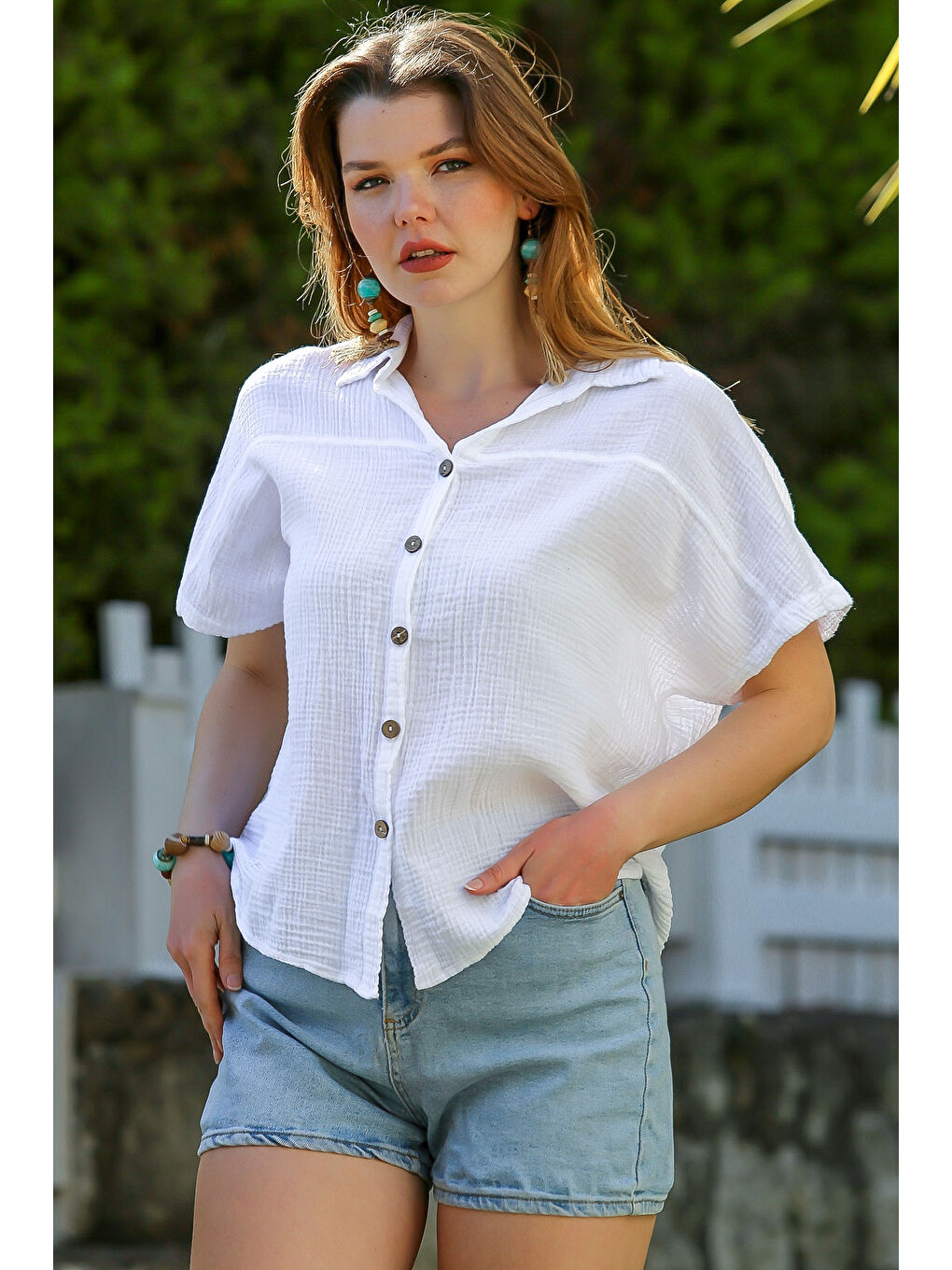 Beyaz Gömlek Yaka Kısa Kol Düğmeli Yıkamalı Casual Müslin Dokuma Gömlek 68 60-2