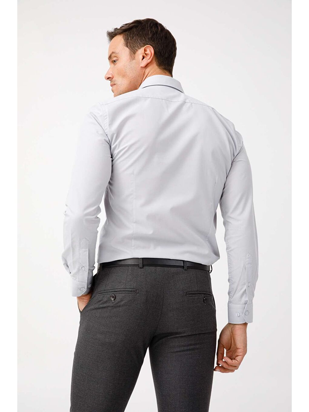 Açık Gri Slim Fit Dar Kalıp Klasik Yaka Düz Uzun Kollu Cepsiz Kolay Ütülenir Gömlek-4