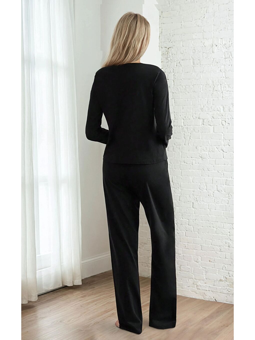 Siyah Kalp Detaylı Uzun Kollu Love Pijama Takımı-2