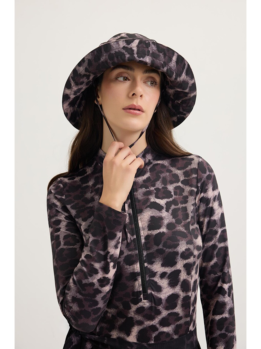 Kahverengi Uzun Kollu Desenli Yüzücü Mayo Leopar-1
