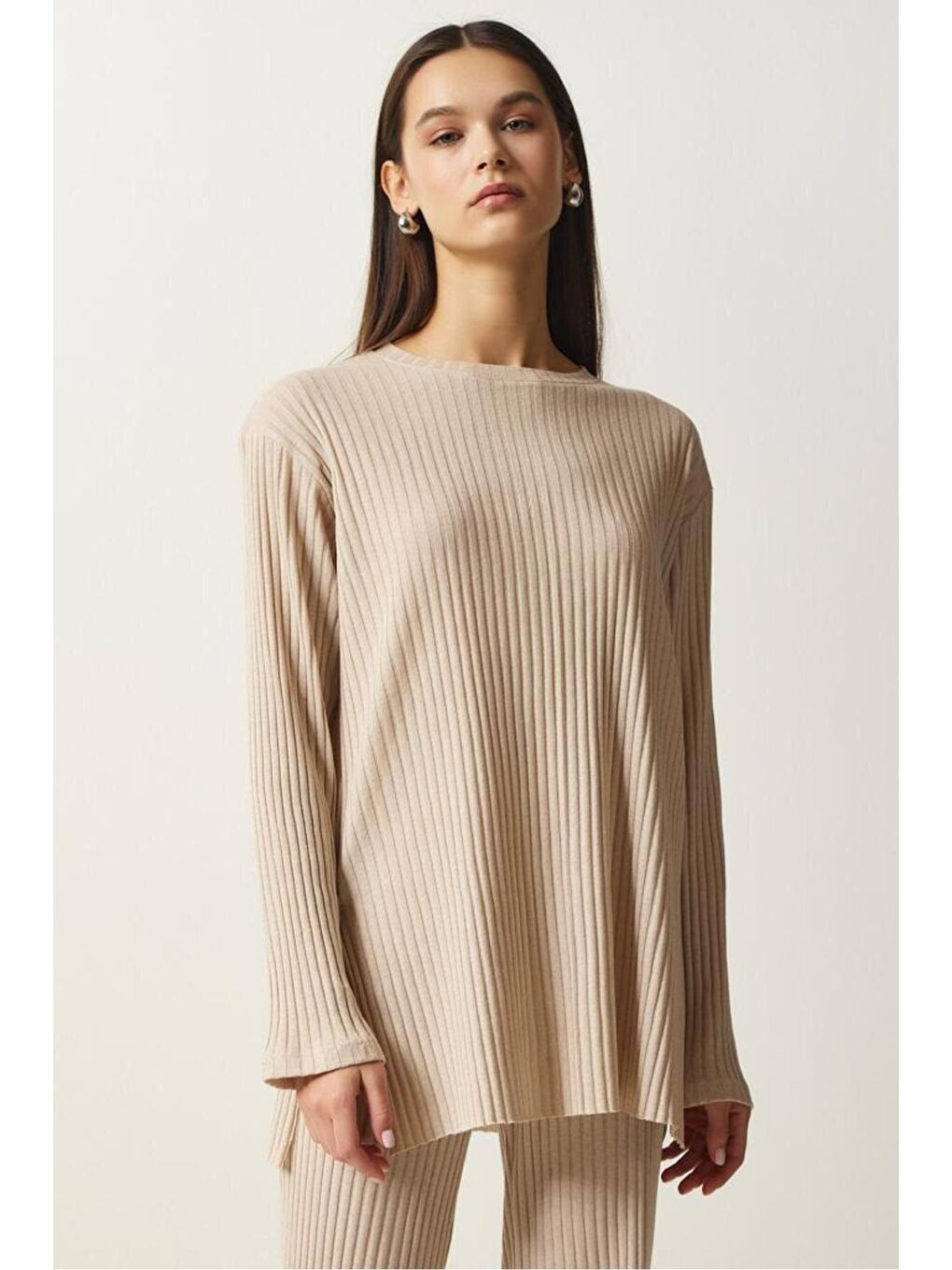 Kadın Bej Fitilli Örme Bluz Pantolon Takım-2