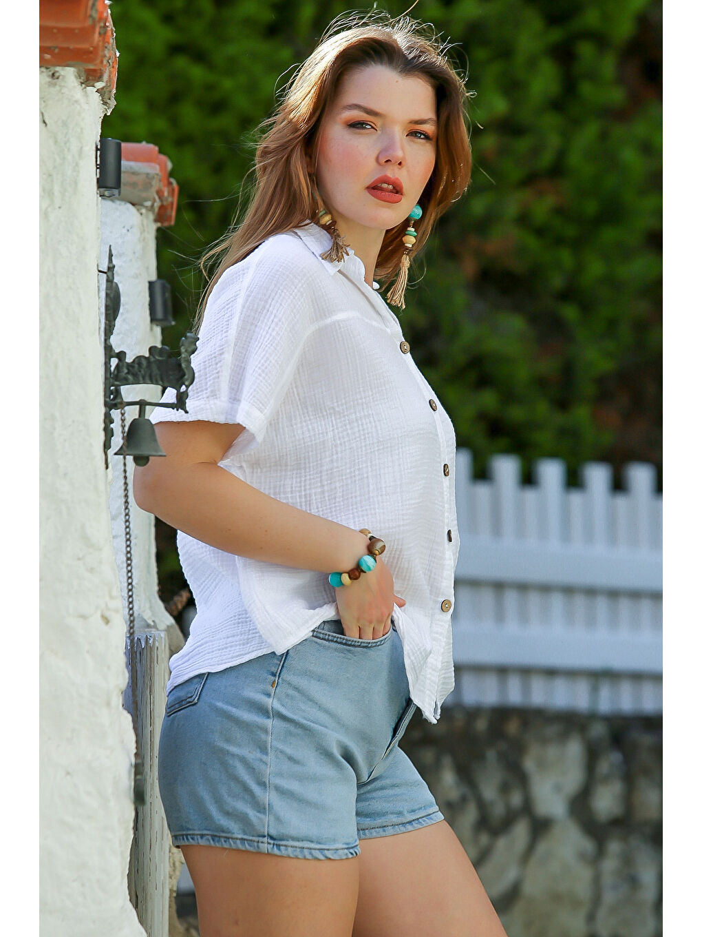 Beyaz Gömlek Yaka Kısa Kol Düğmeli Yıkamalı Casual Müslin Dokuma Gömlek 68 60-3