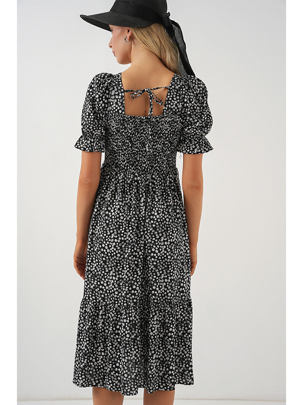 Kadın Kısa Kol Çiçekli Elbise 2556 - Siyah-7