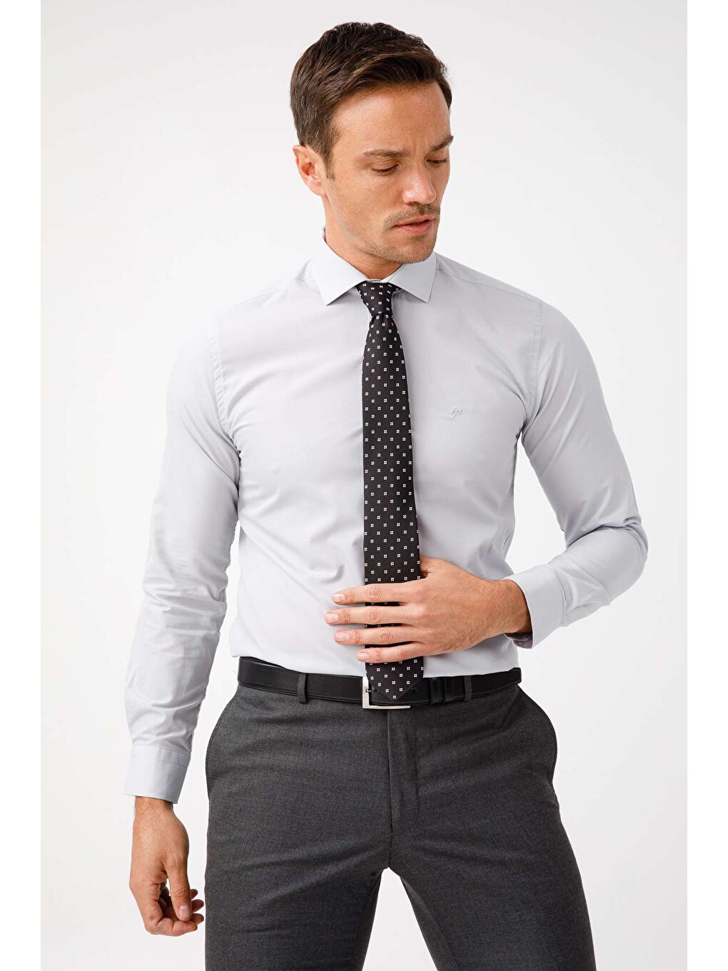 Açık Gri Slim Fit Dar Kalıp Klasik Yaka Düz Uzun Kollu Cepsiz Kolay Ütülenir Gömlek-5