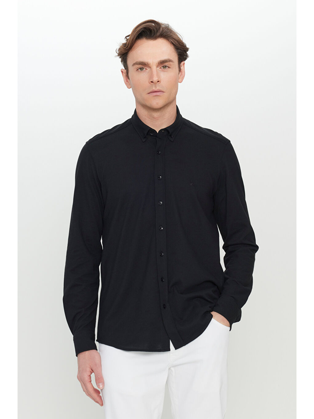 Erkek Siyah 360 Her Yöne Esneyen Pamuklu Slim Fit Dar Kesim Düğmeli Yaka Örme Gömlek-2