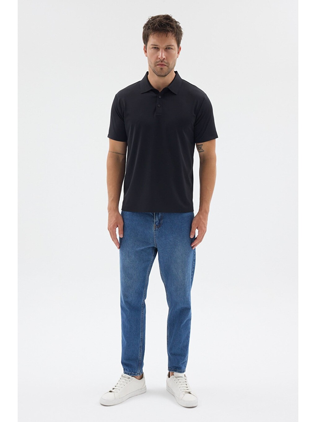 Siyah Polo Yaka Örme Kısa Kol Standart Fit Esnek Tişört 1011260176-1