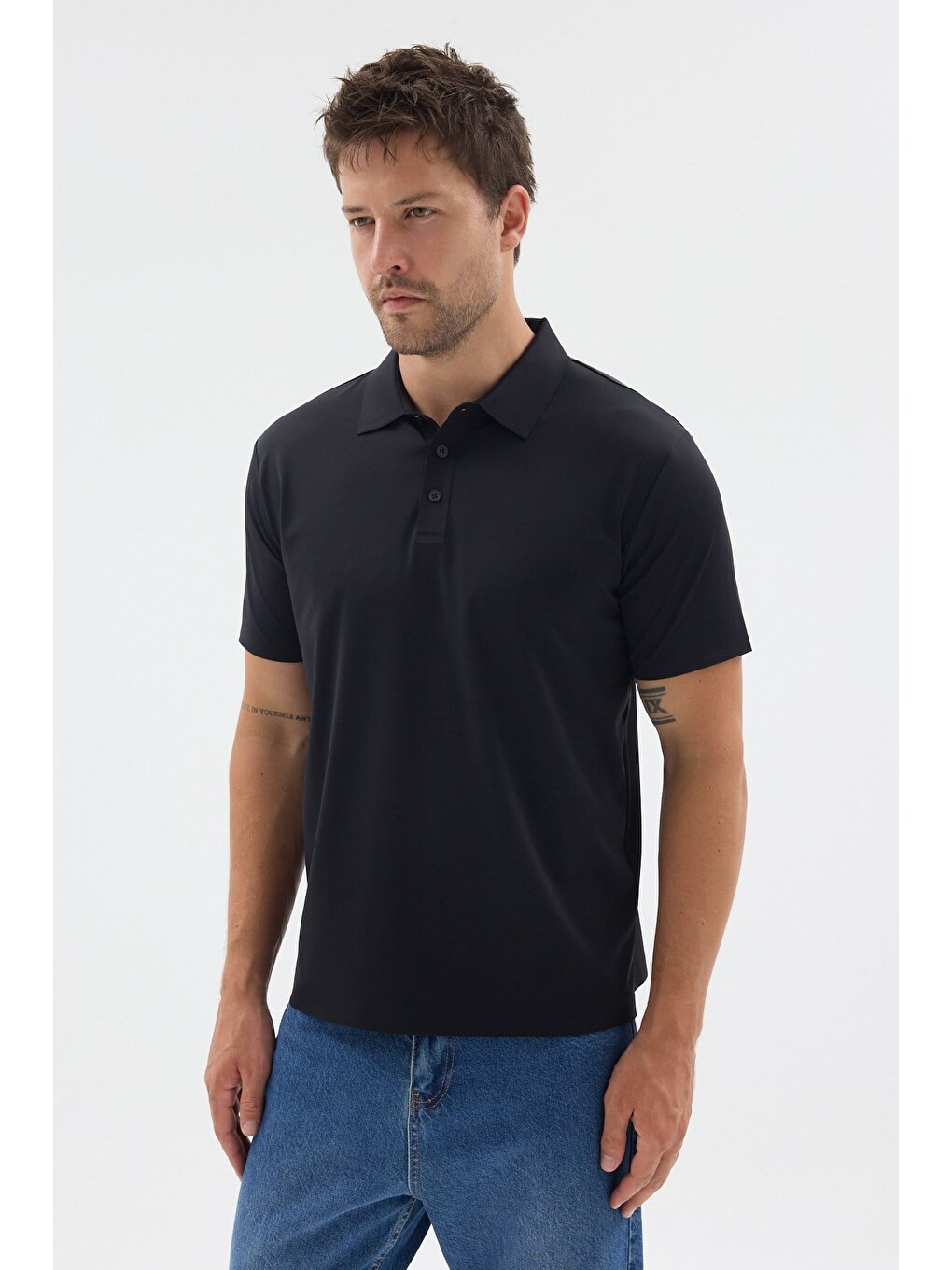 Siyah Polo Yaka Örme Kısa Kol Standart Fit Esnek Tişört 1011260176-2