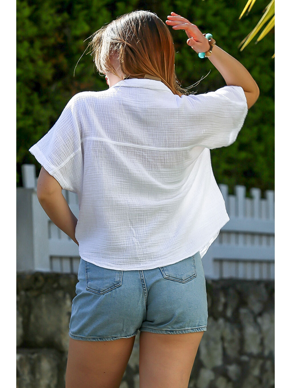 Beyaz Gömlek Yaka Kısa Kol Düğmeli Yıkamalı Casual Müslin Dokuma Gömlek 68 60-7