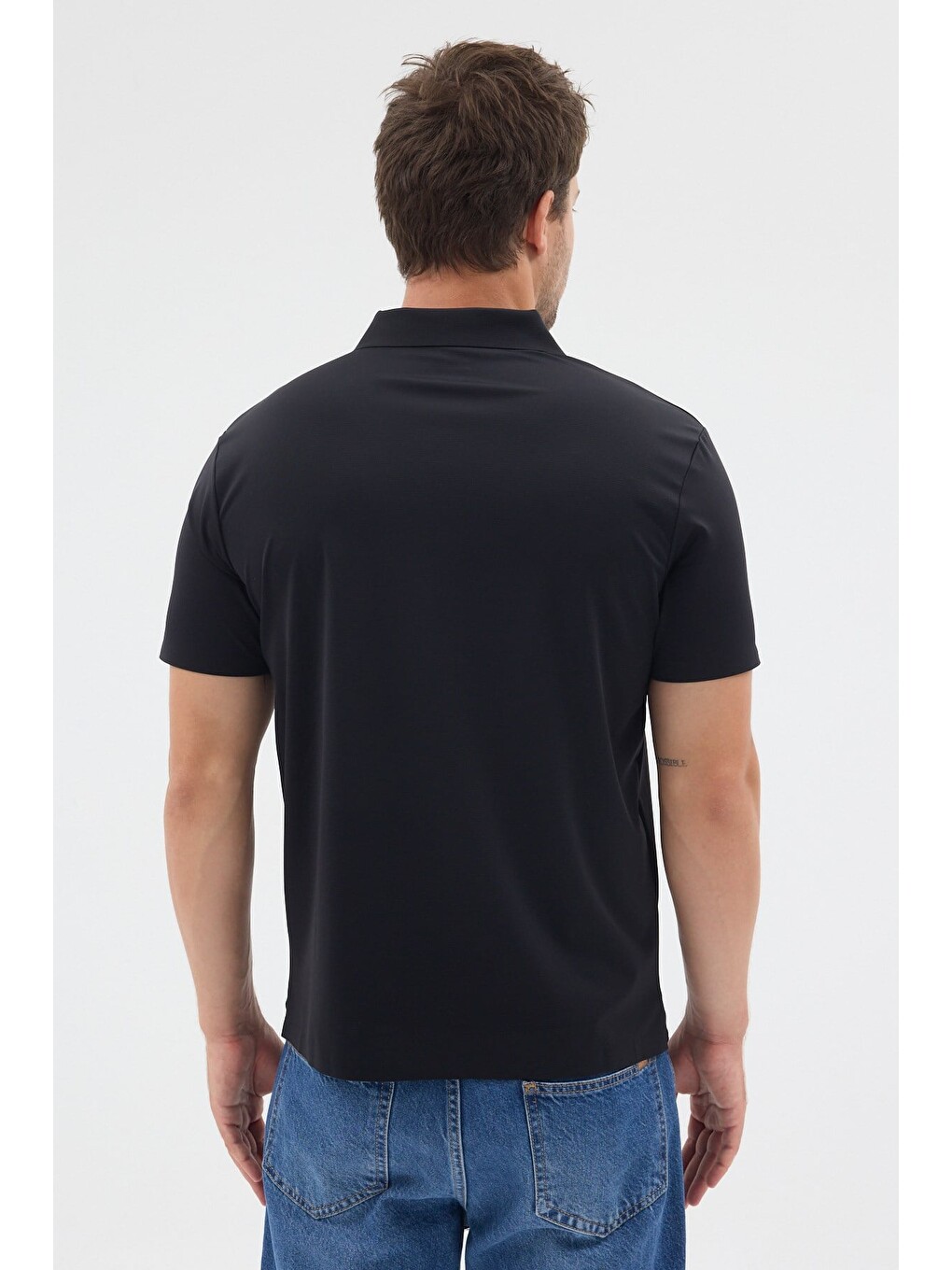 Siyah Polo Yaka Örme Kısa Kol Standart Fit Esnek Tişört 1011260176-4