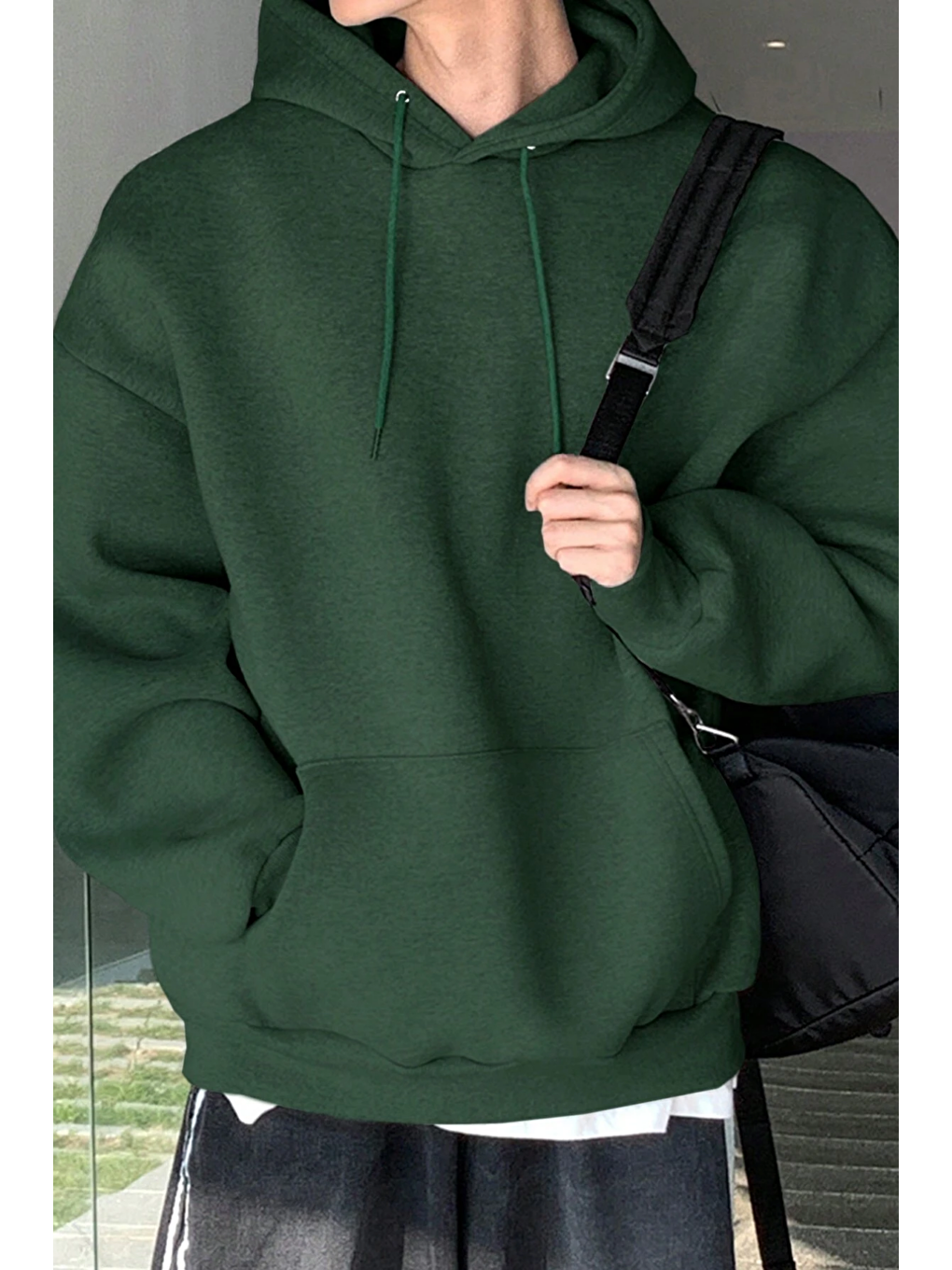 Yeşil Erkek Sweatshirt Kanguru Cepli İçi Polarlı 3 İplik Kapüşonlu Oversize Sweatshirt KANGU