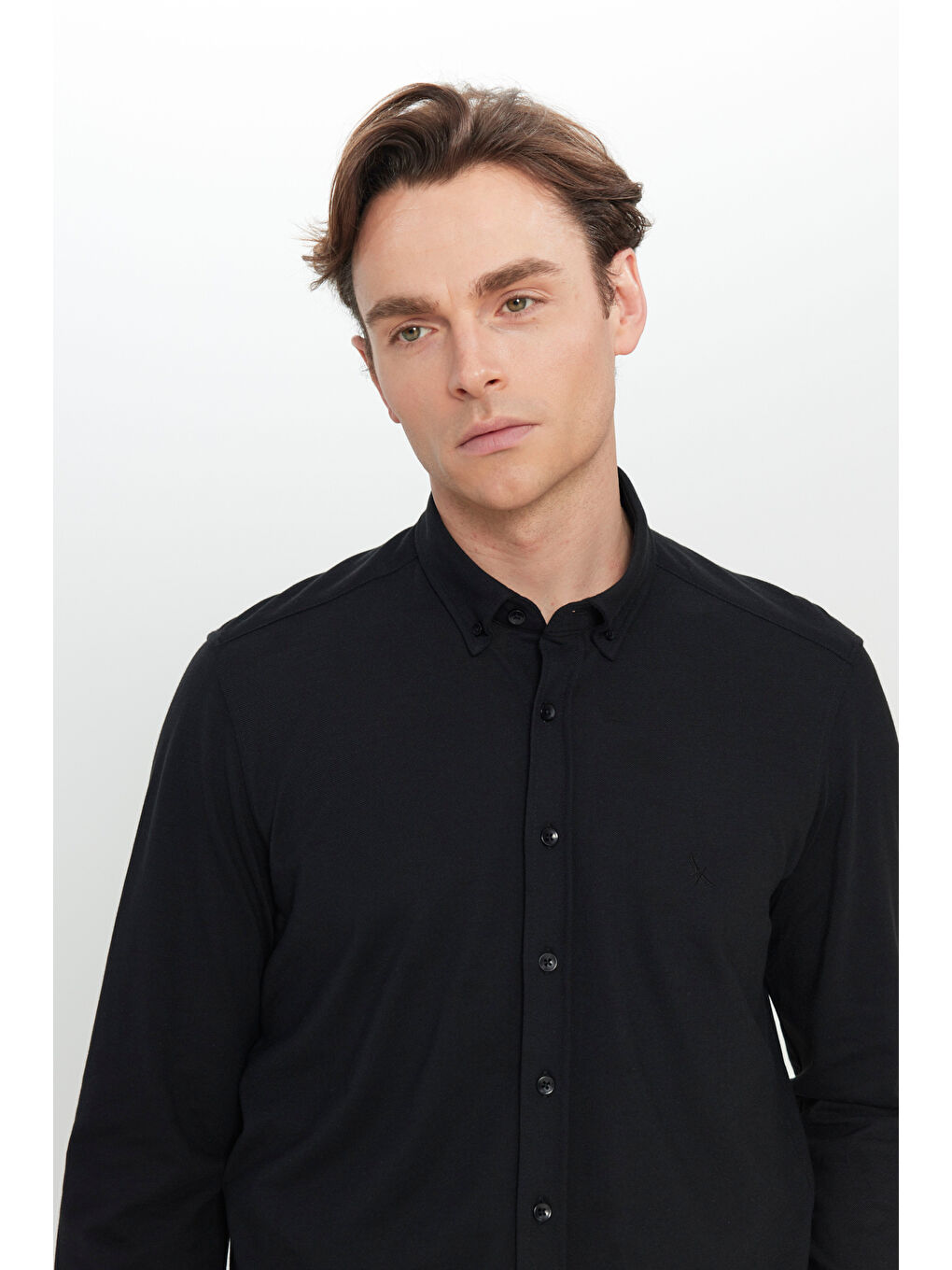 Erkek Siyah 360 Her Yöne Esneyen Pamuklu Slim Fit Dar Kesim Düğmeli Yaka Örme Gömlek-3
