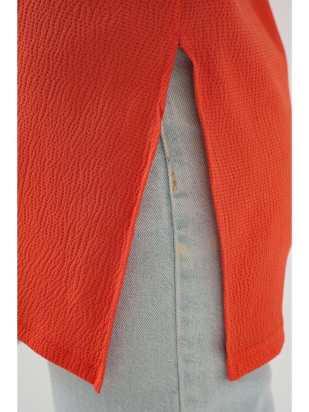 4332 Yanı Yırtmaçlı Örme Tişört - Turuncu-2