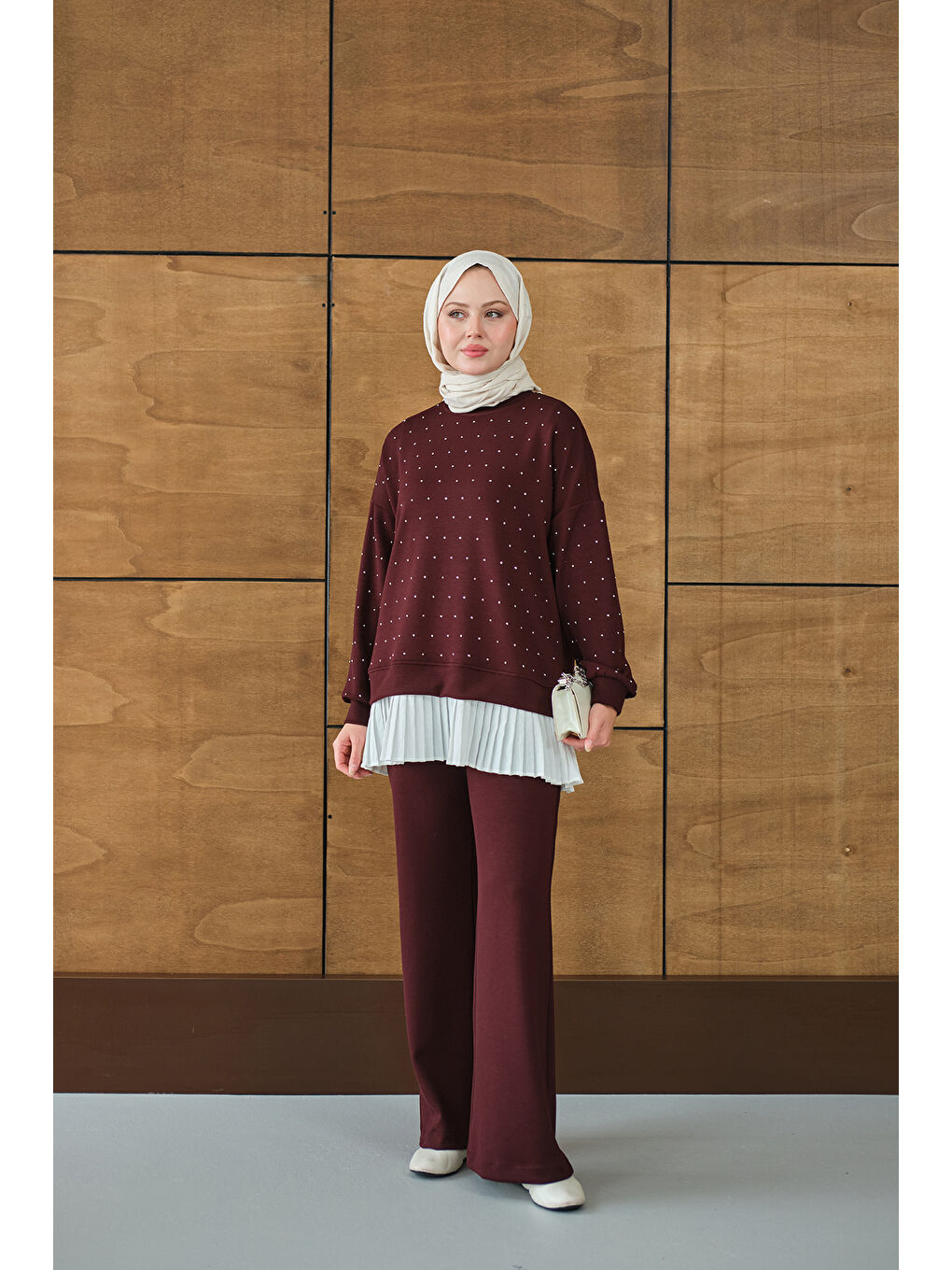 Kadın Beli Pileli Taşlı İkili Takım Bordo-1