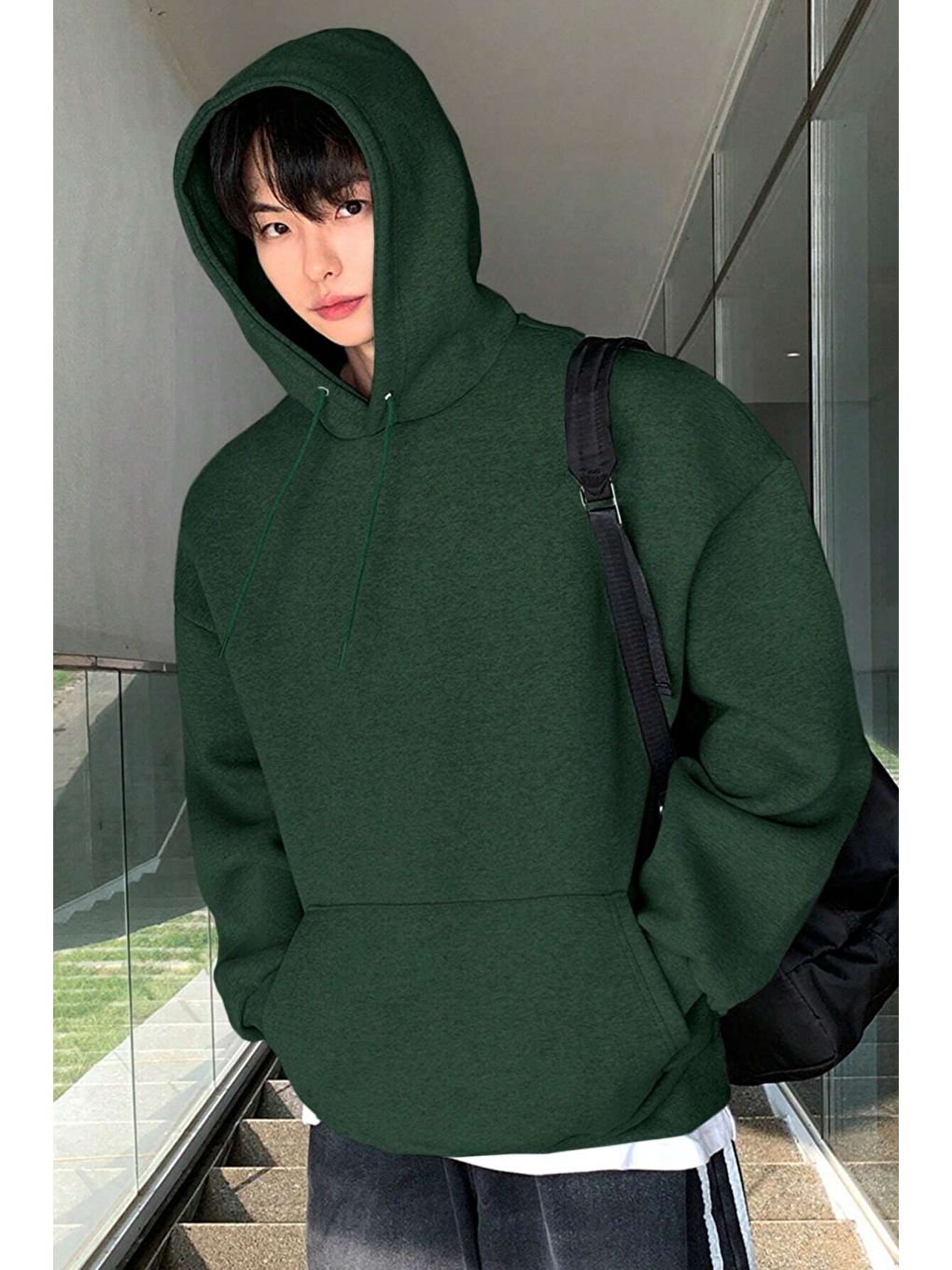 Yeşil Erkek Sweatshirt Kanguru Cepli İçi Polarlı 3 İplik Kapüşonlu Oversize Sweatshirt KANGU-1