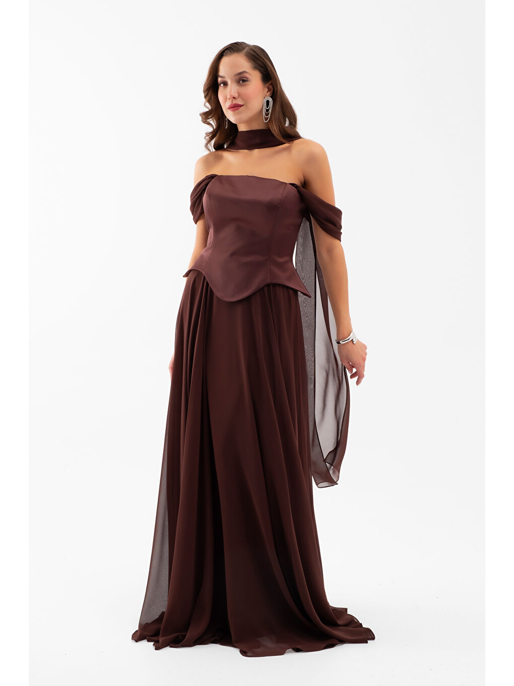 Kadın Kahverengi Şal Yaka Straplez Söz Nişan Abiye Elbise-2