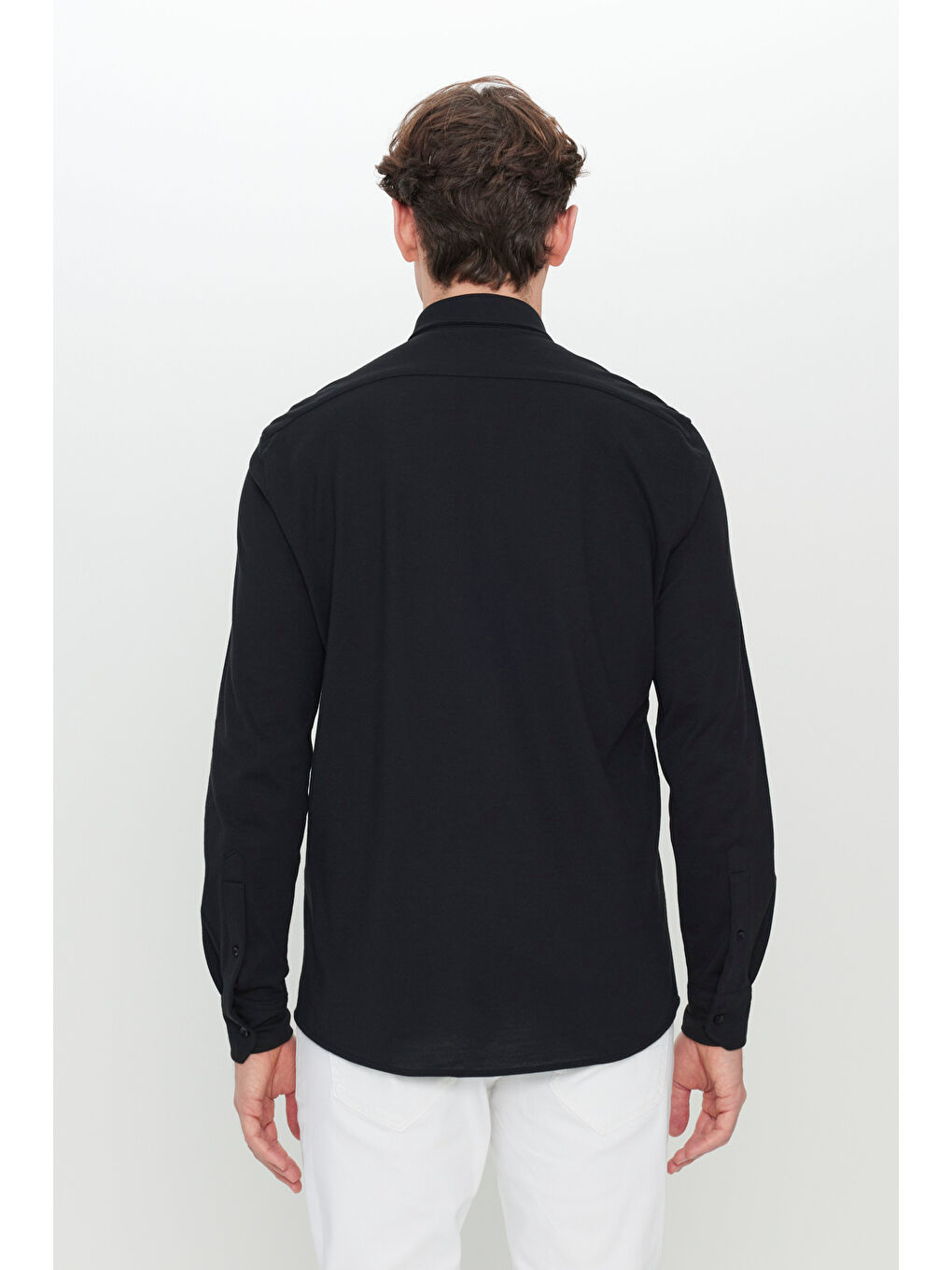 Erkek Siyah 360 Her Yöne Esneyen Pamuklu Slim Fit Dar Kesim Düğmeli Yaka Örme Gömlek-4