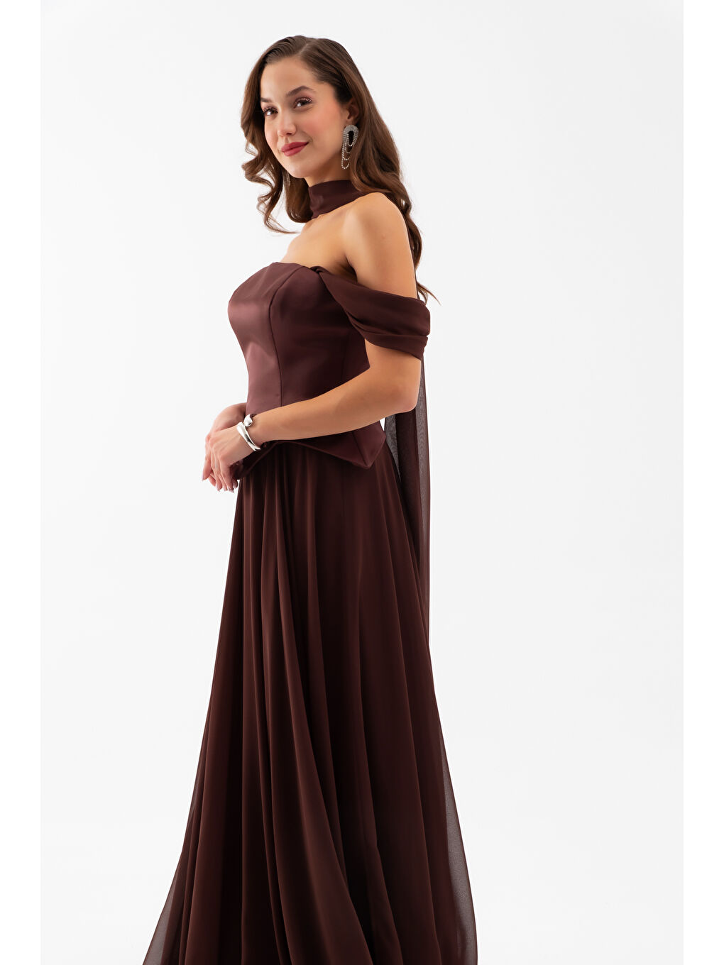 Kadın Kahverengi Şal Yaka Straplez Söz Nişan Abiye Elbise-3