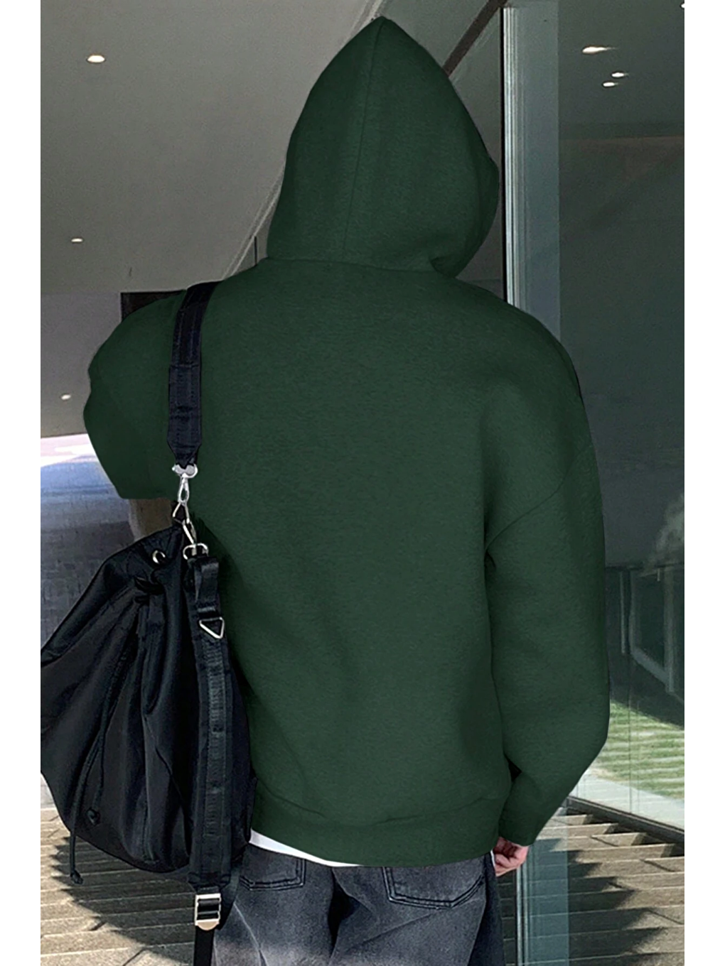 Yeşil Erkek Sweatshirt Kanguru Cepli İçi Polarlı 3 İplik Kapüşonlu Oversize Sweatshirt KANGU-2