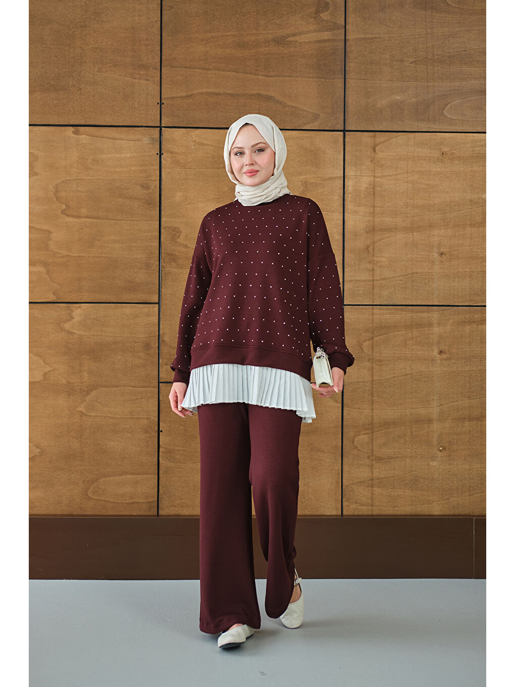 Kadın Beli Pileli Taşlı İkili Takım Bordo-2