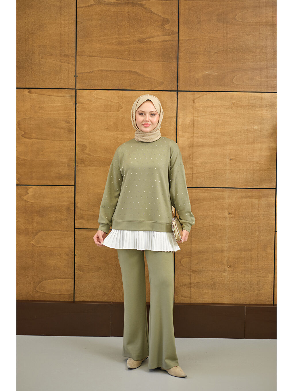 Kadın Beli Pileli Taşlı İkili Takım Haki Yeşil-1