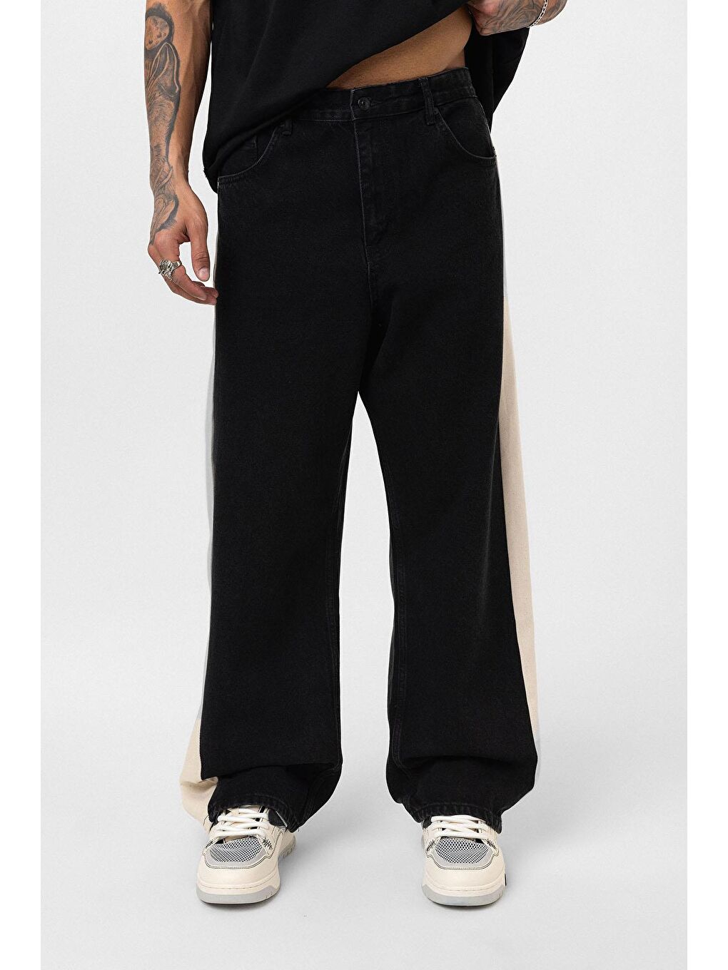 Yan Şeritli Baggy Fit Jean Siyah-2