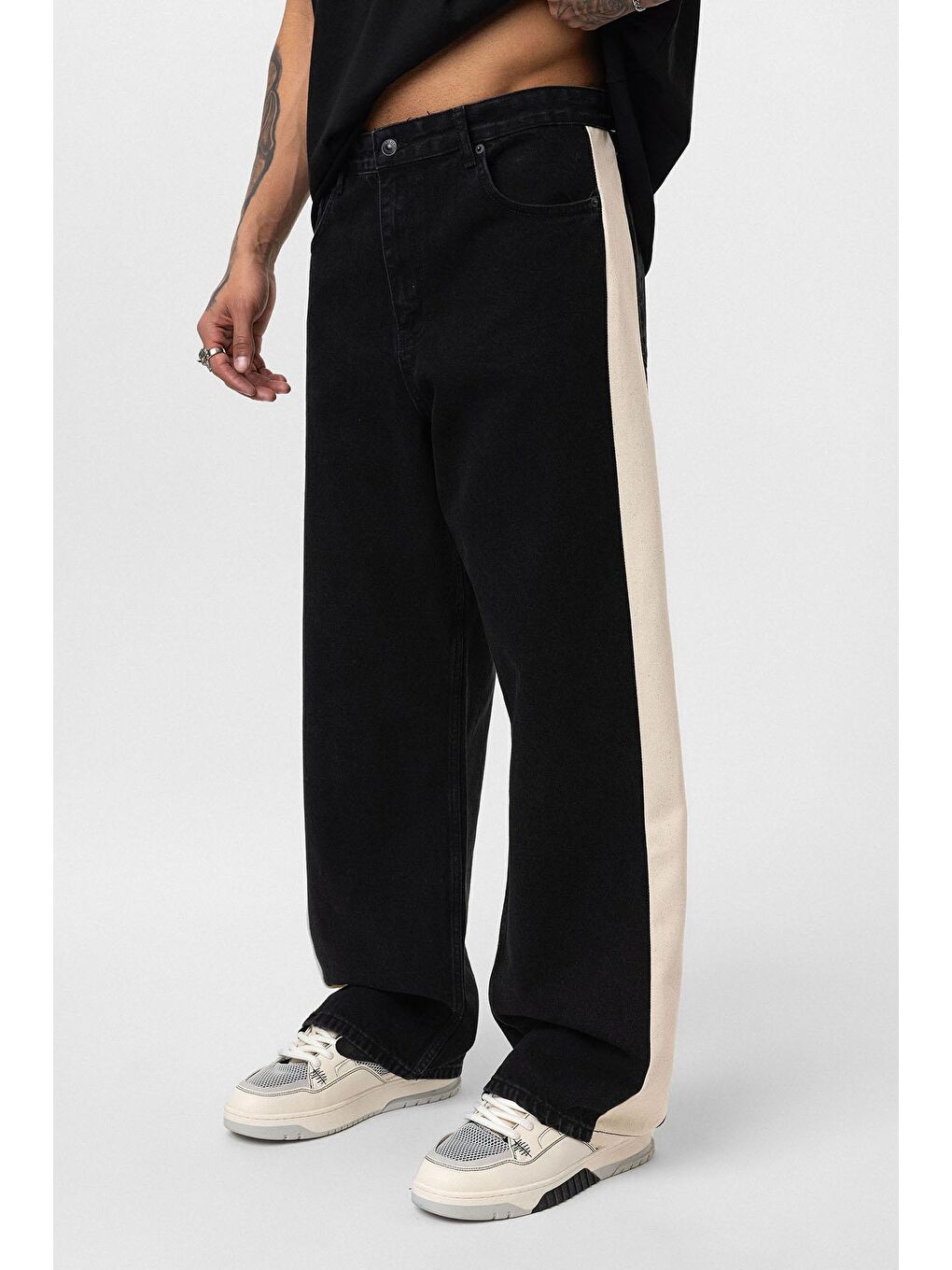 Yan Şeritli Baggy Fit Jean Siyah-3