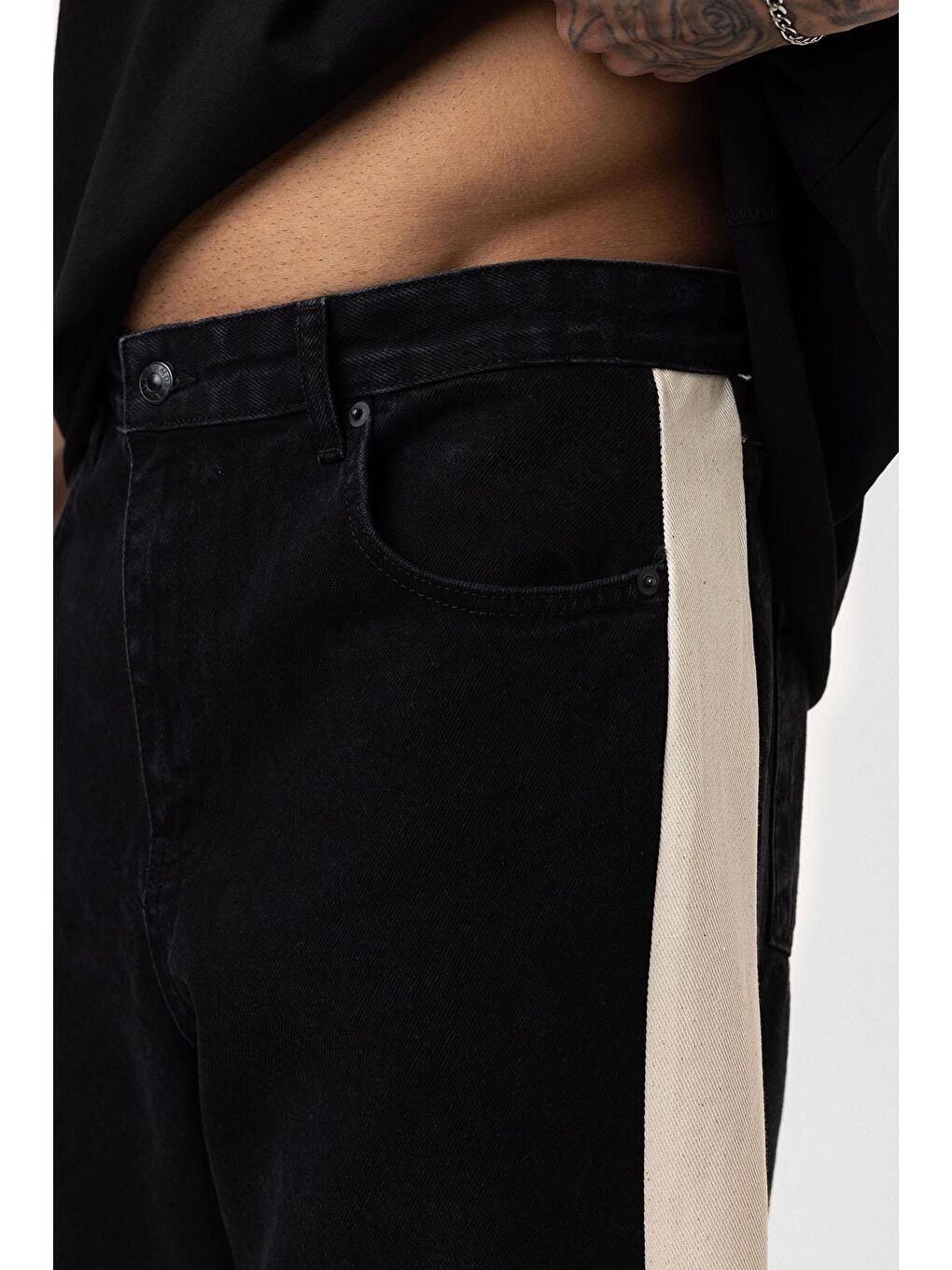 Yan Şeritli Baggy Fit Jean Siyah-4