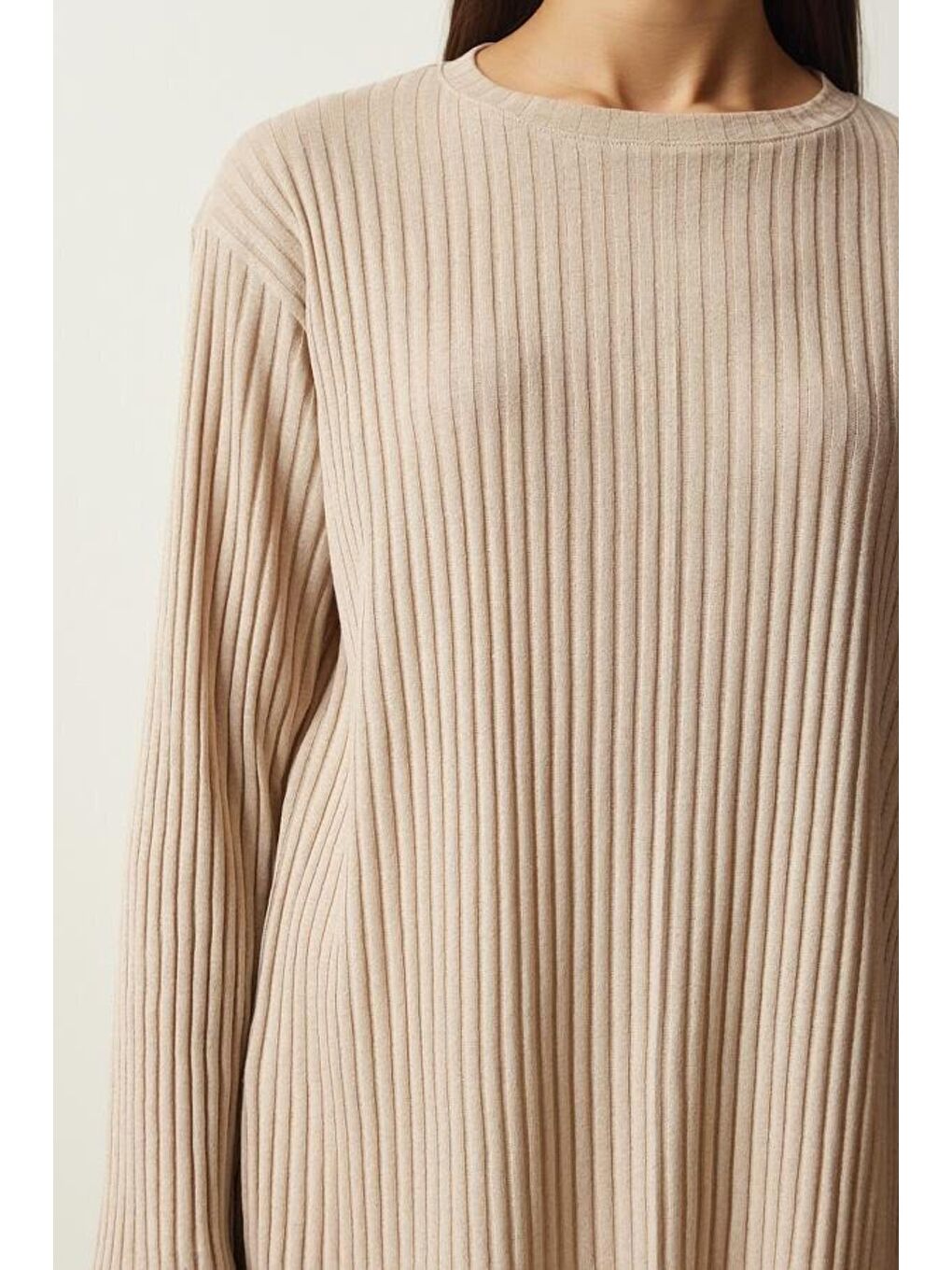 Kadın Bej Fitilli Örme Bluz Pantolon Takım-3