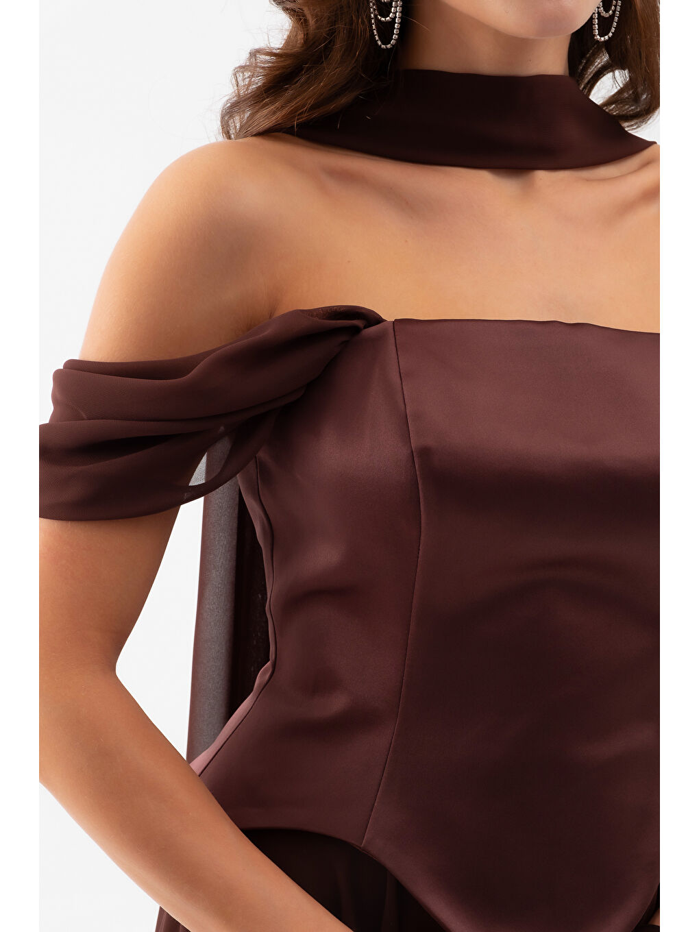 Kadın Kahverengi Şal Yaka Straplez Söz Nişan Abiye Elbise-4