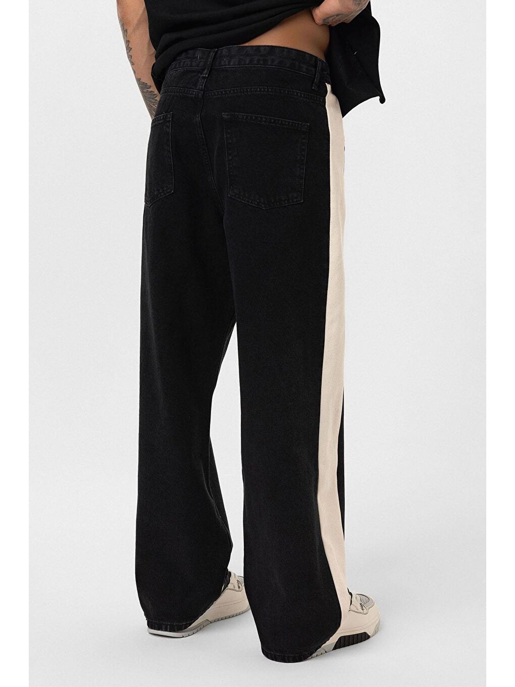 Yan Şeritli Baggy Fit Jean Siyah-6