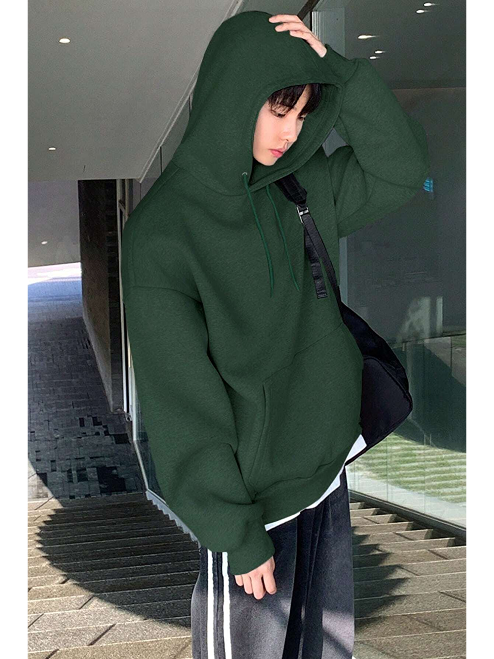 Yeşil Erkek Sweatshirt Kanguru Cepli İçi Polarlı 3 İplik Kapüşonlu Oversize Sweatshirt KANGU-3
