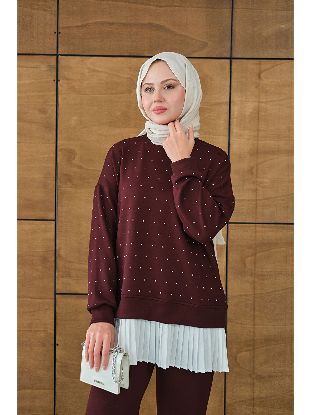 Kadın Beli Pileli Taşlı İkili Takım Bordo-3