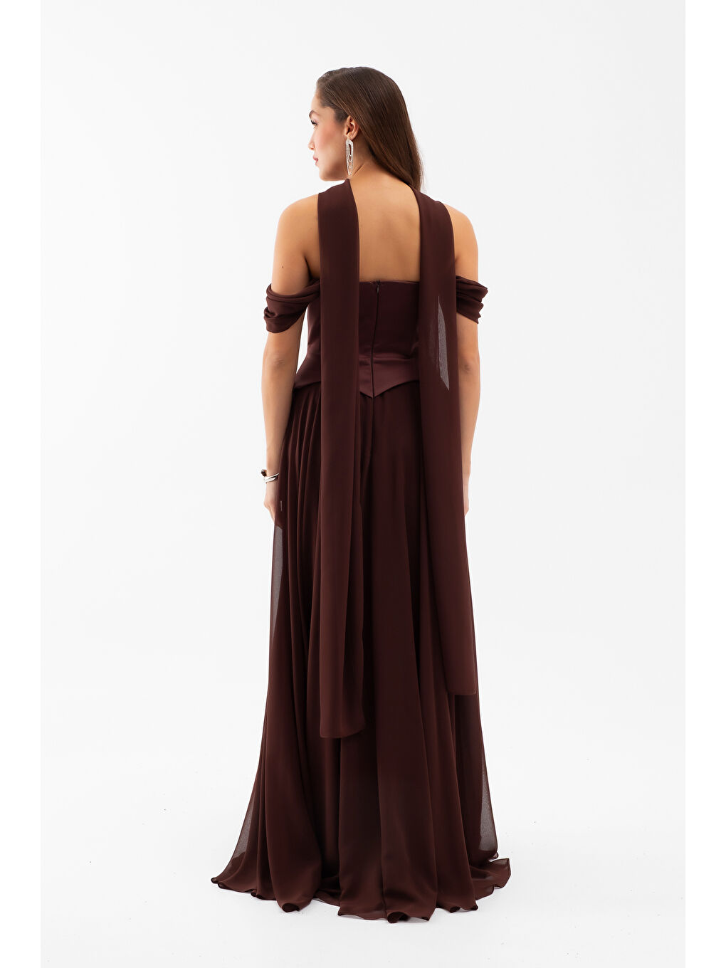 Kadın Kahverengi Şal Yaka Straplez Söz Nişan Abiye Elbise-5