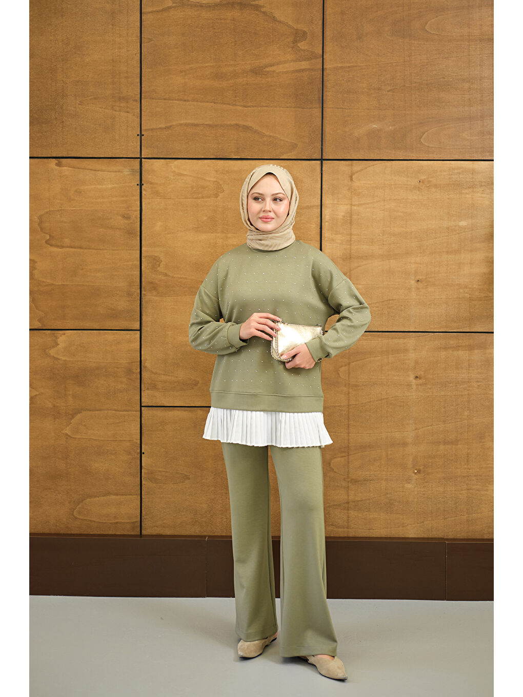 Kadın Beli Pileli Taşlı İkili Takım Haki Yeşil-2