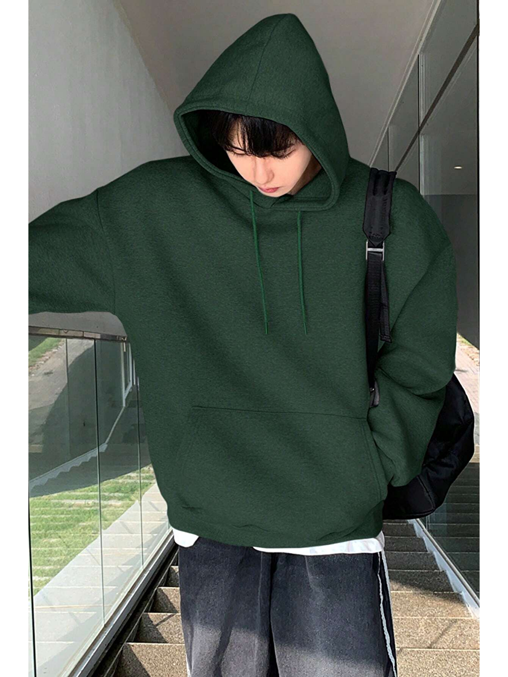Yeşil Erkek Sweatshirt Kanguru Cepli İçi Polarlı 3 İplik Kapüşonlu Oversize Sweatshirt KANGU-4