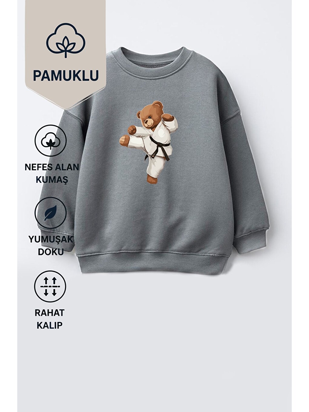 Antrasit Erkek Çocuk Ayıcık Baskılı 3 İplik Kumaş Pamuklu Sweatshirt-1