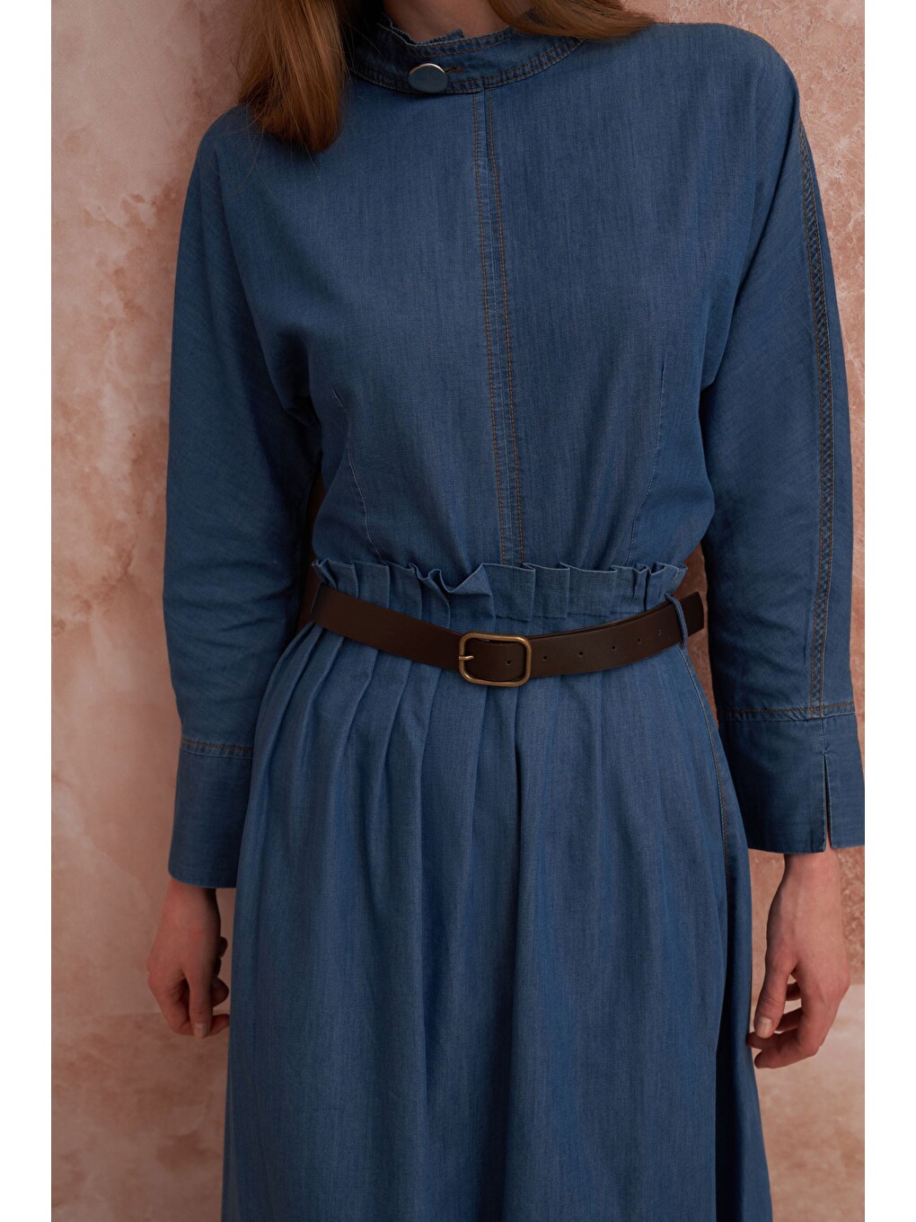 Mavi-beli Pile Detaylı Denim Etek-4