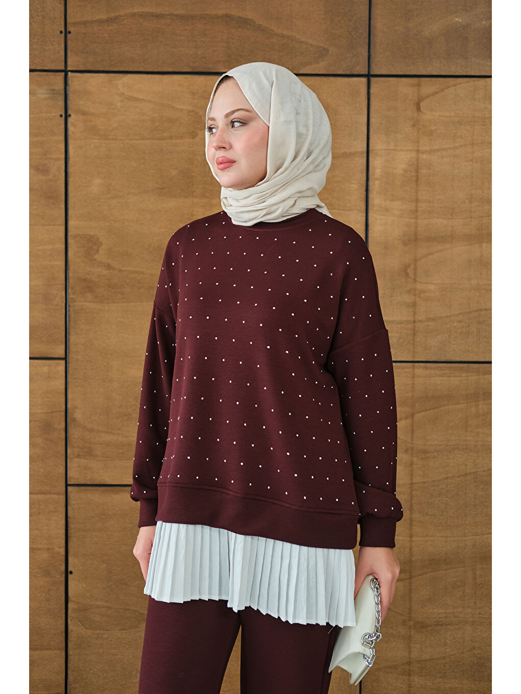 Kadın Beli Pileli Taşlı İkili Takım Bordo-4