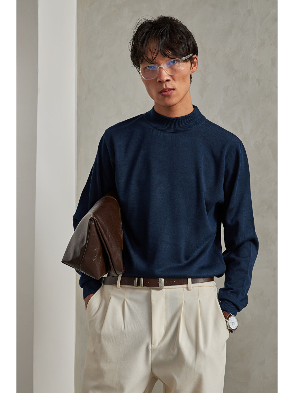 Lacivert Erkek Yarım Balıkçı Oversize Basıc Triko Kazak