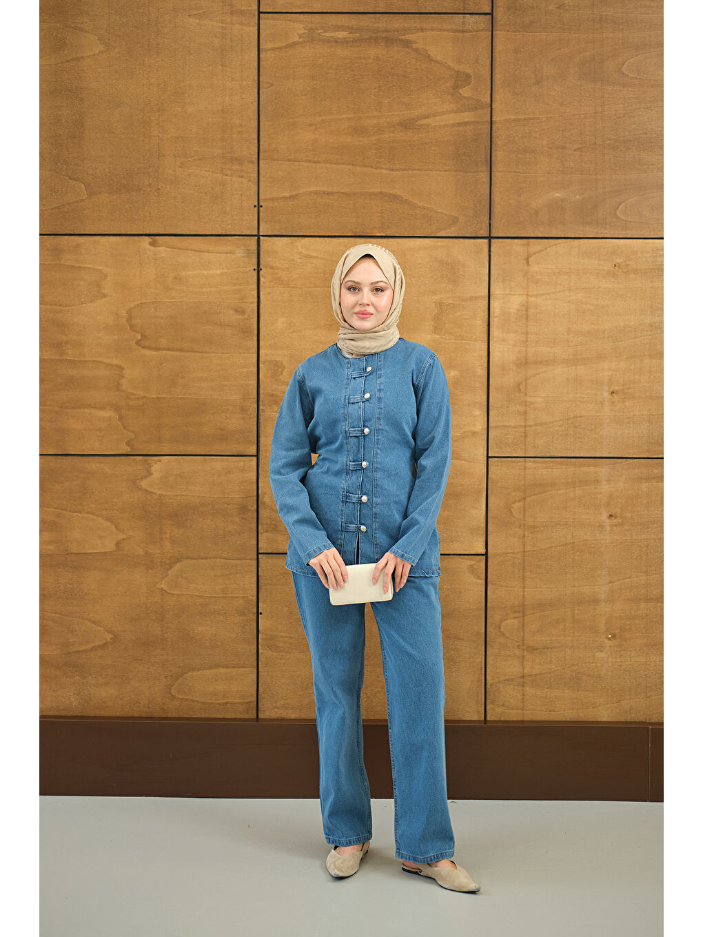 Kadın Gümüş Düğme Detaylı Takım Buz Mavi-1