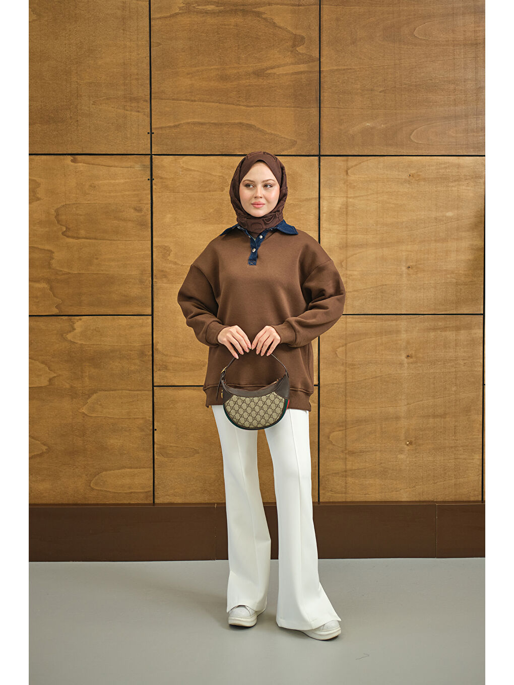 Kadın Yakası Jean Detay Sweat Kahverengi-1